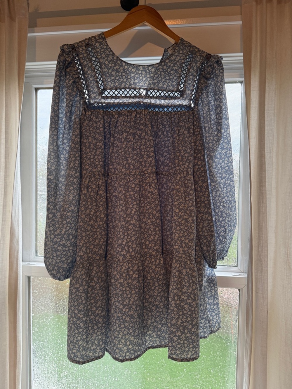 English Factory Blue Floral Sheer Babydoll Dress with Lattice Yoke